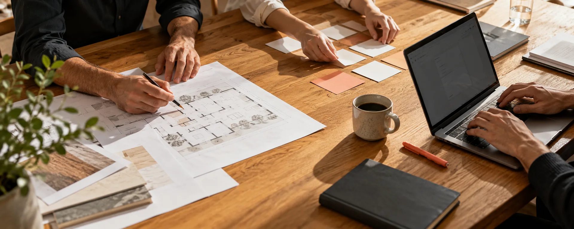 Editorial illustration of people examining work materials together